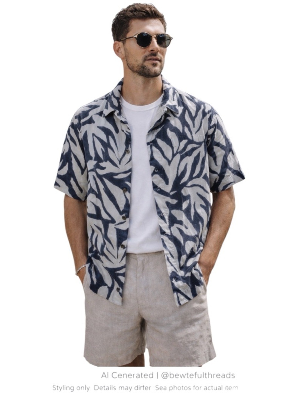 Vintage Silk Abstract Leaf Shirt Blue Gray Resort Hawaiian Medium